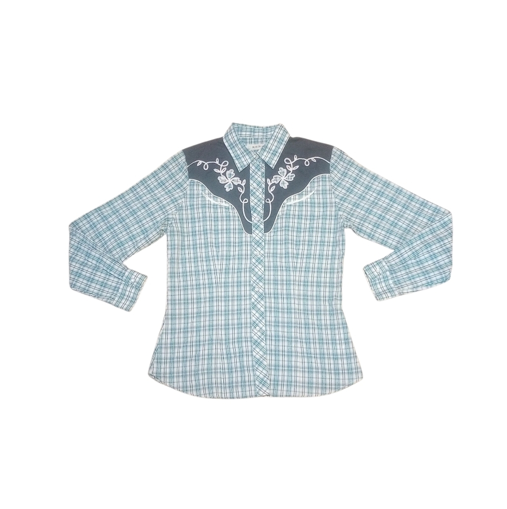 Roper Western Shirt Womens Size M Pearl Button Snaps Blue Floral Cotton Blend